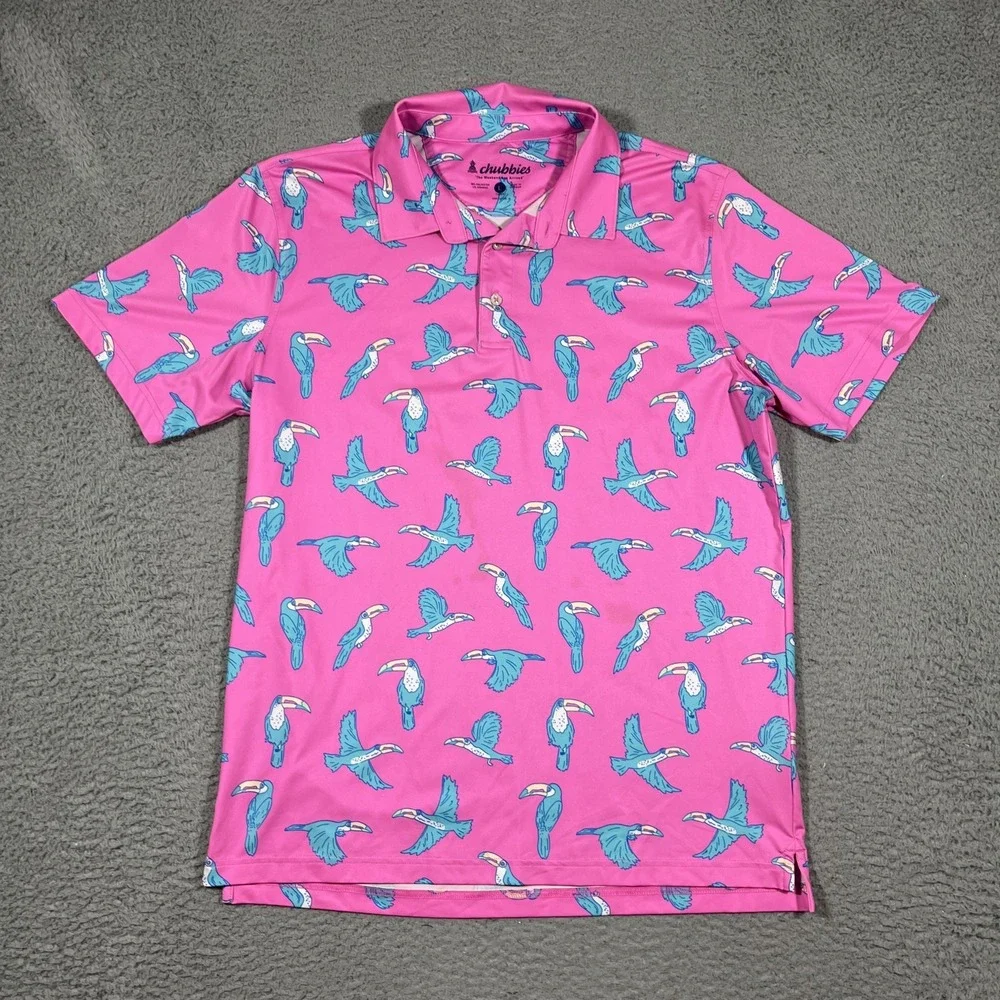 Chubbies Shirt Lightweight Mens Sz L The Toucan Do It Golf Polo Performance Pink - Picture 1 of 7